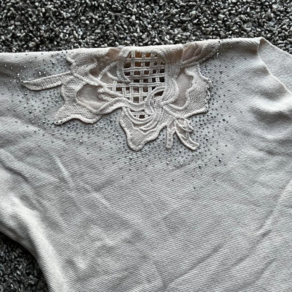 Cream LIV Milano Long Sleeve Top Small Rhinestones Lace Luxury Coquette Romantic - Picture 3 of 8